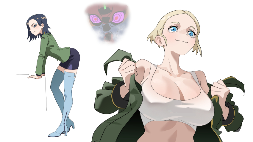 &gt;:( 2girls absurdres bare_shoulders bent_over black_hair blonde_hair blue_eyes blue_eyeshadow blush boots breasts cleavage closed_mouth collarbone commentary comoli_harcourt covered_erect_nipples crop_top eyeshadow forehead freckles frown full_body furrowed_brow gquuuuuux green_jacket gundam gundam_gquuuuuux hashtag-only_commentary high_heel_boots high_heels highres jacket large_breasts long_sleeves looking_at_viewer makeup mecha midriff military_jacket military_uniform miniskirt multicolored_eyes multiple_girls pencil_skirt robot sepha_(gundam_gquuuuuux) shirt short_hair simple_background skirt smile tank_top thigh_boots thighhighs thighs two-tone_eyes v-shaped_eyebrows wge white_background white_tank_top zeon zettai_ryouiki