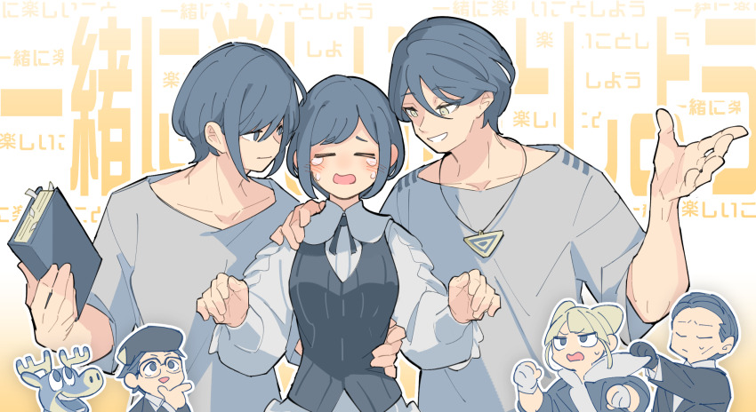 3boys 3girls beret blonde_hair blue_eyes blue_hair book bookmark chibi closed_eyes closed_mouth clothes_tug collared_shirt commentary_request cone_hair_bun crying double_bun frilled_shirt frilled_sleeves frills fukurai_azami hair_bun hand_on_another&#039;s_shoulder hat highres holding holding_book jasmine_(toshi_densetsu_kaitai_center) kisaragi_ayumi kisaragi_tsutomu long_sleeves looking_at_another meguriya_ayumu multiple_boys multiple_girls multiple_persona open_mouth shirt short_hair smile spoilers tears tomiiri_junzo toshi_densetsu_kaitai_center toshikai-kun translation_request triangle_necklace upper_body white_shirt xinhao