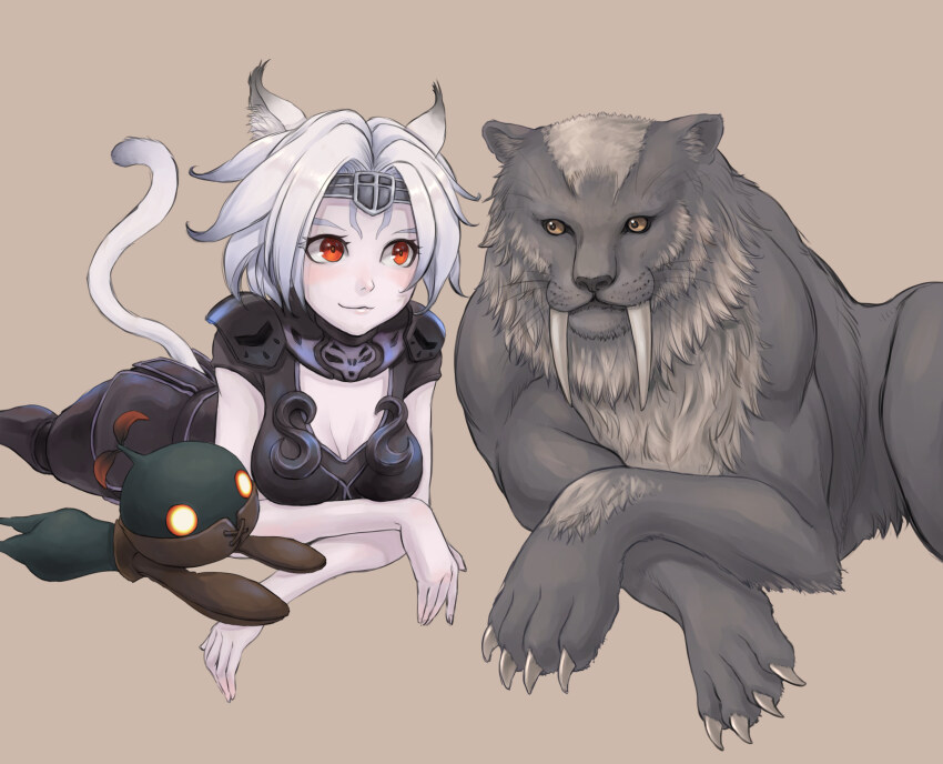 1girl :3 animal_ear_fluff animal_ears ark_angel ark_angel_mr breasts cactus41747280 cat_ears cat_girl cat_tail cleavage closed_mouth colored_skin crossed_arms final_fantasy final_fantasy_xi hair_intakes highres lying mandragora_(final_fantasy) medium_breasts mithra_(ff11) no_eyebrows on_stomach red_eyes sabertooth_cat smile solo tail tail_raised white_hair white_skin white_tail