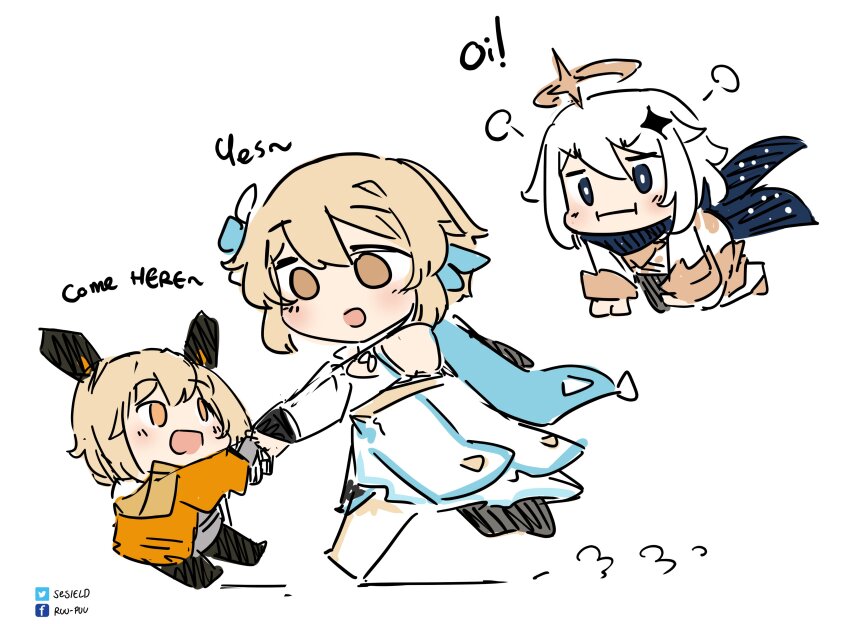 3girls absurdres artist_name blonde_hair blue_eyes blush closed_mouth crossover detached_sleeves dress english_text eye_contact facebook_logo flower genshin_impact hair_between_eyes hair_flower hair_ornament halo hand_grab headgear highres jacket looking_at_another lumine_(genshin_impact) mi-a_(tower_of_fantasy) multiple_girls open_mouth orange_jacket paimon_(genshin_impact) puff_of_air pulling scarf sesield sketch smile tower_of_fantasy twitter_logo white_dress white_flower white_hair white_romper yellow_eyes