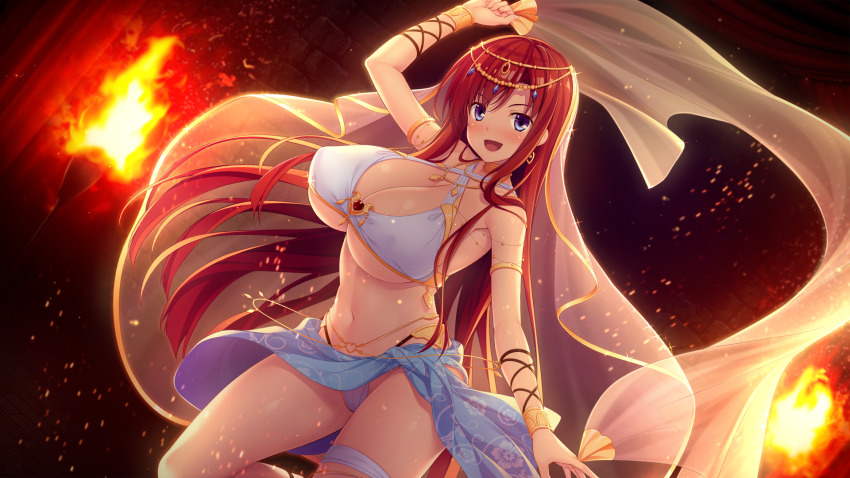 1girl bikini bracelet breasts cleavage curvy dancer earrings game_cg hair_ornament highres hinata_nao huge_breasts jewelry large_breasts long_hair looking_at_viewer moonstone_cherry navel red_hair sex_open_world_e_youkoso! swimsuit tagme thong veil white_bikini