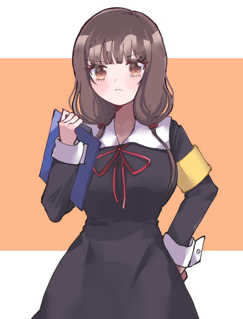 1girl armband black_dress brown_eyes brown_hair clipboard dress highres holding holding_clipboard iino_miko kaguya-sama_wa_kokurasetai_~tensai-tachi_no_renai_zunousen~ low_twintails n1ku22a school_uniform shuuchiin_academy_school_uniform twintails yellow_armband