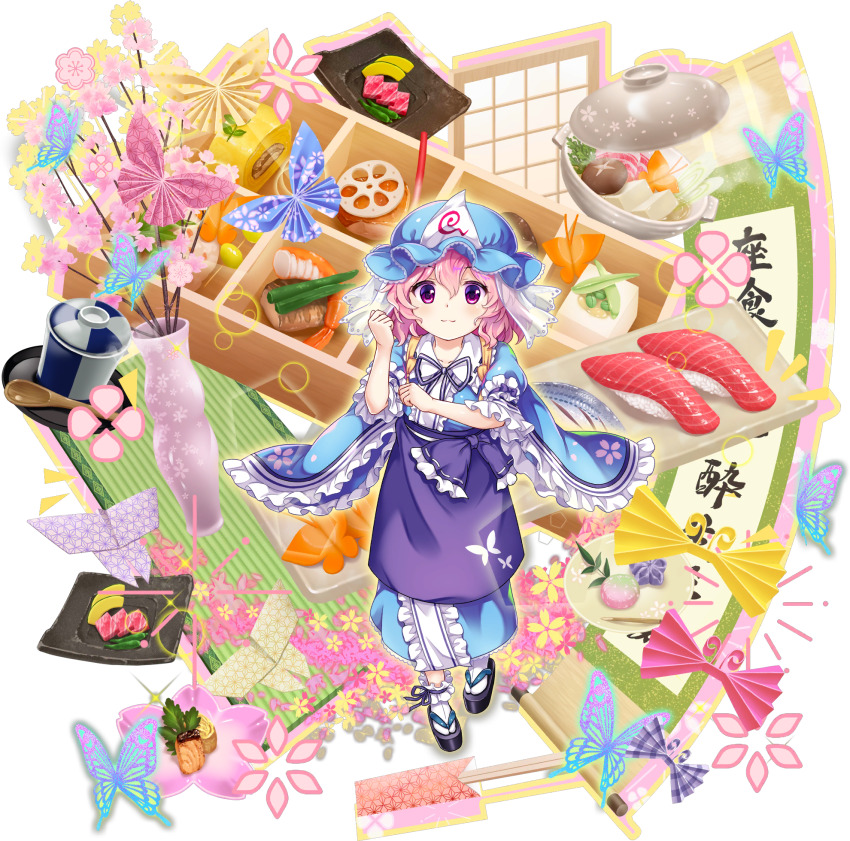1girl aged_down animal_print apron black_ribbon black_sandals blue_apron blue_hat blue_kimono bug butterfly butterfly_print chawanmushi chopsticks closed_mouth flower flower_request food frilled_kimono frilled_sleeves frills full_body game_cg hat highres insect japanese_clothes kimono lens_flare long_sleeves looking_at_viewer lotus_root mob_cap mushroom nabe neck_ribbon obi official_art okobo omelet pink_eyes pink_flower pink_hair platform_sandals purple_apron ribbon rotte_(1109) saigyouji_yuyuko saigyouji_yuyuko_(tiny_ghost_mistress) sandals sash scroll shiitake short_hair short_sleeves sleeve_garter smile socks solo sushi tabi tamagoyaki tasuki third-party_source touhou touhou_lostword translation_request transparent_background triangular_headpiece vase waist_apron white_socks wide_sleeves