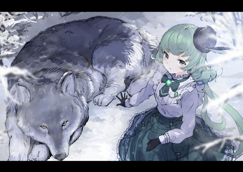 1girl aikatsu!_(series) aikatsu_friends! alicia_charlotte black_gloves blue_eyes blurry blurry_foreground blush branch brooch female_focus frilled_shirt frills from_above gloves green_hair hat hat_feather highres jewelry koruse letterboxed long_hair looking_at_viewer looking_up outdoors shirt skirt snow snowing solo top_hat wolf