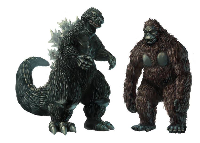 absurdres ape claws crossover dinosaur full_body giant giant_monster godzilla godzilla_(series) gorilla highres kaiju king_kong king_kong_(series) king_kong_vs._godzilla monster pectorals sea_monster sharp_teeth simple_background spikes tail teeth toho ultra-taf white_background