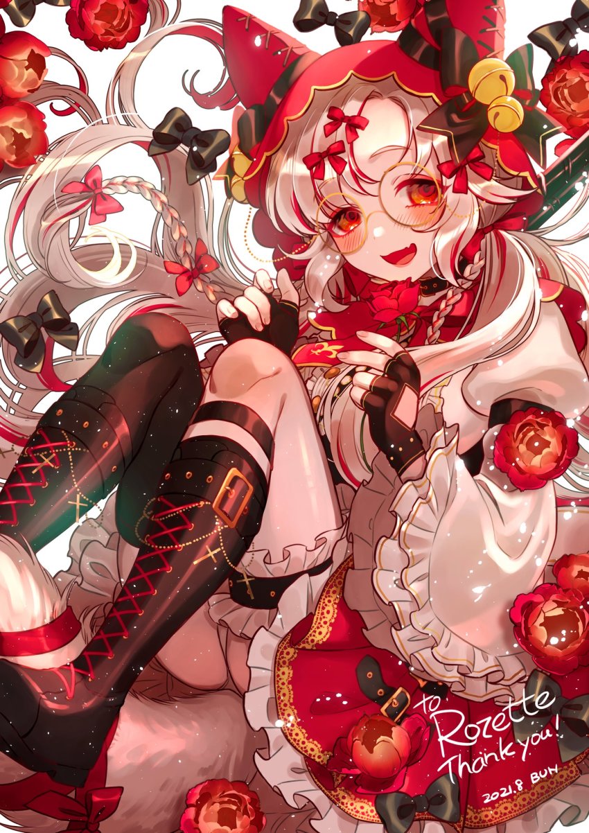 1girl :d animal_ears black_boots black_gloves blush boots breasts bun_(jewd5385) commission dated fang fingerless_gloves flower forehead frilled_legwear frilled_sleeves frills glasses gloves grey_hair highres knee_boots lace-up_boots large_breasts little_red_riding_hood looking_at_viewer multicolored_hair open_mouth original red_eyes red_flower red_hair red_hood round_eyewear shirt sitting skeb_commission skin_fang smile solo streaked_hair white_legwear white_shirt wide_sleeves wolf_ears