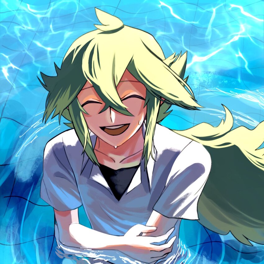 1boy ^_^ black_shirt closed_eyes collarbone collared_shirt commentary_request crew_neck crossed_arms crossed_bangs double-parted_bangs from_above hair_between_eyes highres laughing long_hair male_focus n_(pokemon) nintendo open_collar open_mouth partially_submerged pokemon pokemon_bw ponytail pool ripples shirt short_sleeves solo teeth tongue upper_body upper_teeth_only water wet white_shirt zero_(sleepy_meltan)