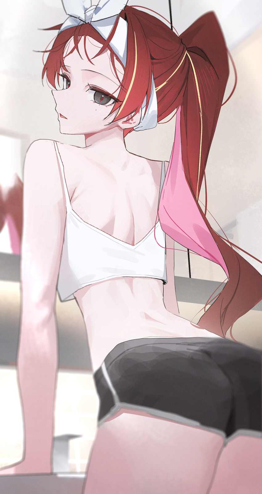1girl akane_lize black_shorts blonde_hair blurry blurry_background dolphin_shorts from_behind grey_eyes highres huhi_(huhi_1211) long_hair looking_at_viewer looking_back mole mole_under_eye multicolored_hair open_mouth ponytail red_hair short_shorts shorts standing stellive streaked_hair tank_top virtual_youtuber white_tank_top