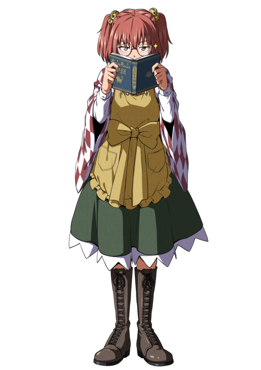 1girl apron bell book book_to_mouth boots bow brown_boots checkered_clothes checkered_kimono commentary_request covered_mouth frilled_apron frills full_body glasses green_skirt hair_bell hair_ornament highres holding holding_book inuno_rakugaki japanese_clothes jitome kimono knee_boots lace-up_boots long_sleeves looking_at_viewer motoori_kosuzu red-framed_eyewear red_eyes red_hair red_kimono semi-rimless_eyewear shirt shirt_under_kimono short_hair simple_background skirt solo sparkle standing straight-on touhou twintails two-tone_kimono under-rim_eyewear waist_bow white_background white_kimono white_shirt wide_sleeves yellow_apron