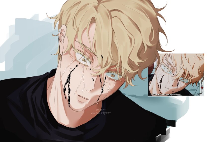 111179pwkag11 1boy alien_stage black_blood black_shirt blonde_hair blood blood_on_face colored_eyelashes commentary crying crying_with_eyes_open english_commentary highres luka_(alien_stage) male_focus reference_inset screenshot_inset shirt short_hair tears very_short_hair wide-eyed yellow_eyes