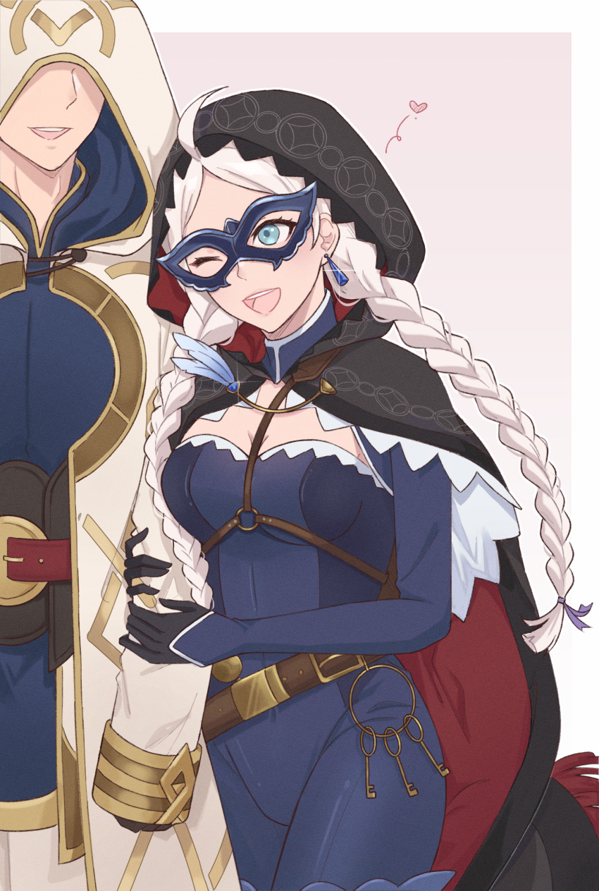 1boy 1girl ahoge arm_hug black_gloves black_hood blue_bodysuit blue_eyes bodysuit braid breasts chain chest_harness commission commissioner_upload couple crystal_earrings earrings eye_mask feathers fire_emblem fire_emblem_fates fire_emblem_heroes gloves gold_chain hair_ribbon harness heart hetero highres jewelry key keyring kiran_(fire_emblem) male_kiran_(fire_emblem) leather_belt long_hair low_twin_braids medium_breasts nina_(fire_emblem) nina_(thief)_(fire_emblem) nintendo non-web_source o-ring official_alternate_costume one_eye_closed open_mouth parted_bangs ribbon teeth turtleneck twin_braids two-sided_fabric upper_teeth_only witchi
