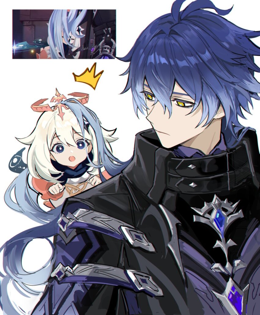 1boy 1girl :o ^^^ antenna_hair black_cape black_capelet black_eyes blue_hair bright_pupils cape capelet closed_mouth collared_capelet collared_shirt crossed_bangs expressionless flins_(genshin_impact) fractalmagnolia game_screenshot_inset genshin_impact gradient_hair hair_between_eyes hair_intakes hair_ornament halo highres long_sleeves looking_at_another looking_back medium_hair multicolored_hair open_mouth paimon_(genshin_impact) purple_shirt romper shirt simple_background star_(symbol) star_hair_ornament upper_body white_background white_hair white_pupils white_romper yellow_eyes