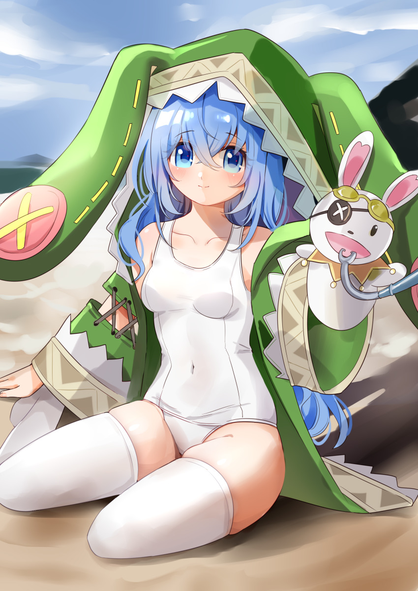 1girl absurdres animal_hood azur_lane blue_eyes blue_hair blue_sky breasts closed_mouth cloud collarbone commentary covered_navel crossed_bangs date_a_live hand_puppet highres himekawa_yoshino himekawa_yoshino_(secret_base) hood long_hair looking_at_viewer official_alternate_costume one-piece_swimsuit outdoors petite puppet rabbit_hood sand skindentation sky small_breasts smile solo swimsuit symbol-only_commentary thighhighs white_one-piece_swimsuit white_thighhighs yoshinon zhang_xiaozhai