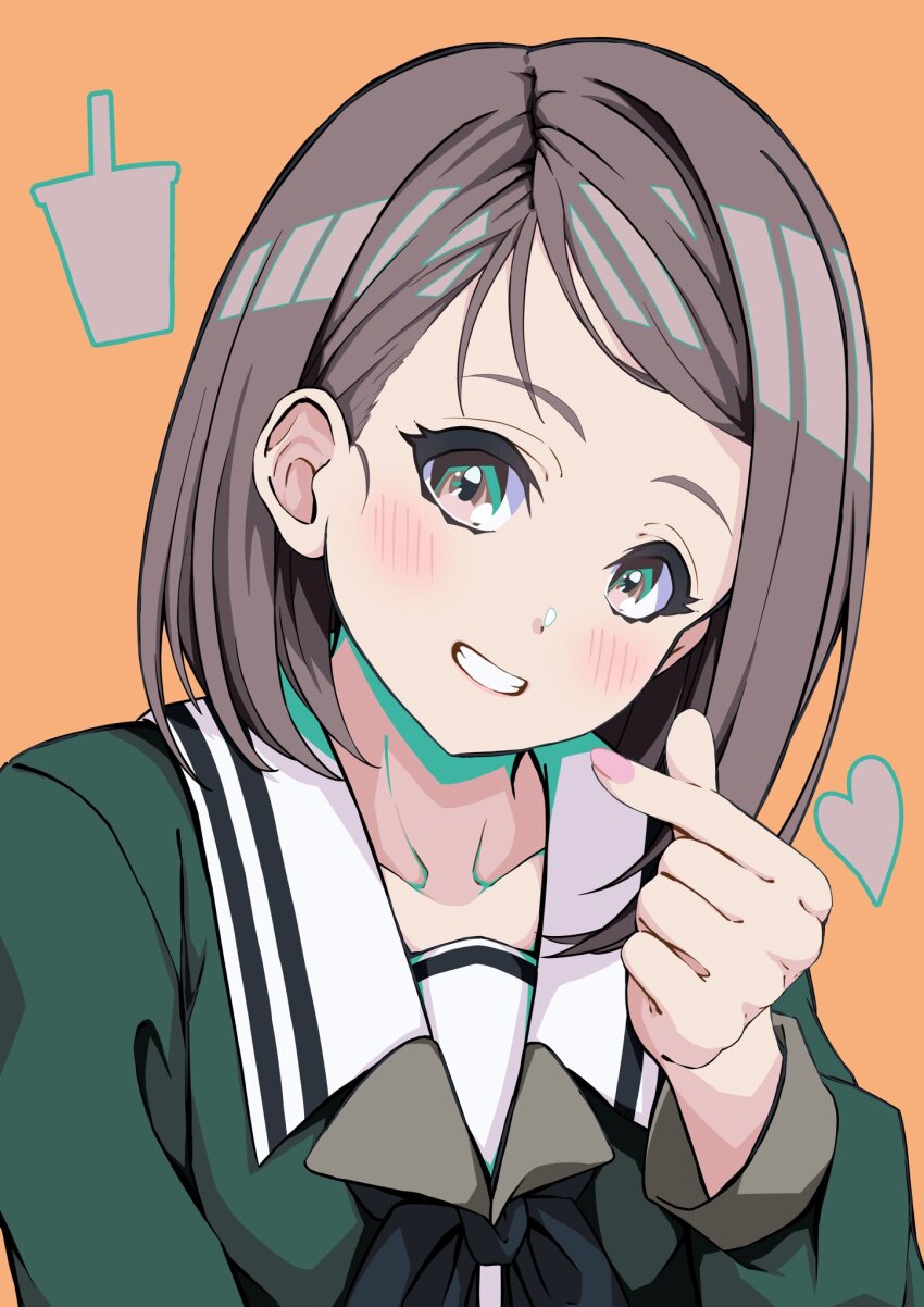 1girl 22/7 asymmetrical_bangs black_bow black_bowtie blush bow bowtie collarbone finger_heart glint green_shirt grey_eyes grey_hair heart highres hiiragi_tsubomi lionmaru0808 long_sleeves looking_at_viewer medium_hair orange_background portrait rokubanchou_school_uniform sailor_collar school_uniform serafuku shirt smile solo teeth white_sailor_collar winter_uniform