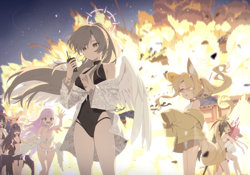 &gt;_&lt; 6+girls :d :o alternate_costume angel_wings animal_ear_fluff animal_ears armlet bare_arms bare_hips bare_legs bare_shoulders barefoot bikini black-framed_eyewear black_bikini black_eyes black_hair black_jacket black_one-piece_swimsuit black_skirt black_wings blonde_hair blue_archive blunt_bangs blush breasts brown_hair building choker cleavage closed_eyes closed_mouth clothing_cutout covered_navel crossed_bangs crying crying_with_eyes_open demon_horns diamond_cutout earrings explosion explosion_background extra_ears fainted feathered_wings feet feet_out_of_frame flat_chest fleeing floating_hair floral_print_jacket fox_ears fox_girl fox_tail frilled_bikini frills from_side front-tie_bikini_top front-tie_top game_cg glasses gold_necklace hair_ornament hair_over_one_eye halo halterneck hand_up hasumi_(blue_archive) hasumi_(swimsuit)_(blue_archive) highleg highleg_one-piece_swimsuit highres holding holding_detonator hoop_earrings horns huge_breasts ichika_(blue_archive) ichika_(swimsuit)_(blue_archive) jacket jacket_partially_removed jewelry kasumi_(blue_archive) kasumi_(swimsuit)_(blue_archive) large_breasts lifting_person long_hair long_sidelocks looking_at_viewer low_wings megu_(blue_archive) megu_(swimsuit)_(blue_archive) mika_(blue_archive) mika_(swimsuit)_(blue_archive) miniskirt multi-strapped_bikini_bottom multi-strapped_bikini_top multicolored_bikini multiple_girls nagisa_(blue_archive) navel necklace night night_sky no_eyewear no_halo non-web_source official_alternate_costume official_alternate_hairstyle official_art one-piece_swimsuit open_clothes open_mouth outdoors pink_hair pink_halo ponytail reaching reaching_towards_another red_bikini red_choker red_halo ribbon_choker sandals seia_(blue_archive) seia_(swimsuit)_(blue_archive) shirt side_ponytail sidelocks sitting skirt sky sleeves_past_fingers sleeves_past_wrists smile spoilers stomach string_bikini sunglasses surprised sweat sweatdrop swimsuit tail tears thick_thighs thighs tinted_eyewear turtleneck turtleneck_one-piece_swimsuit twintails unworn_eyewear very_long_hair visor_cap wavy_mouth white_bikini white_choker white_jacket white_one-piece_swimsuit white_shirt white_wings wing_ornament wings worried yellow_eyes yellow_halo yellow_jacket yellow_sandals yellow_visor