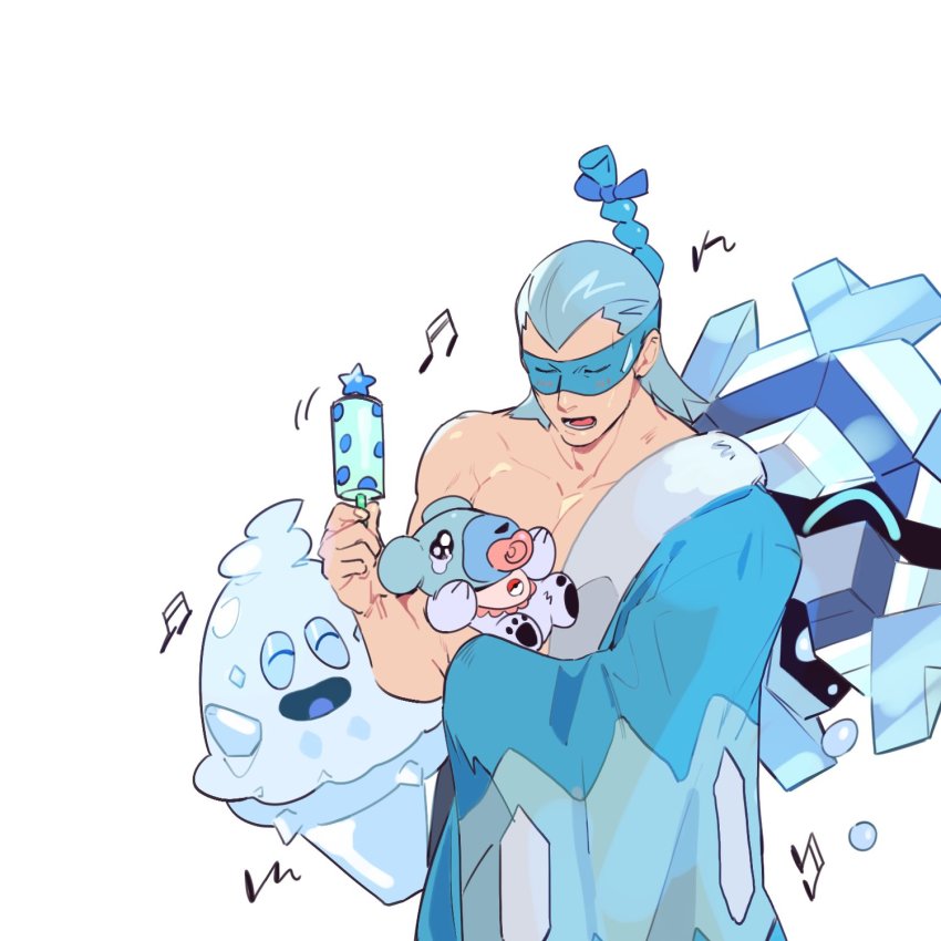1boy blue_hair blush brycen_(pokemon) closed_eyes commentary_request cryogonal cubchoo eye_mask gen_5_pokemon green_(grimy) gym_leader highres holding male_focus musical_note nintendo open_mouth pokemon pokemon_(creature) pokemon_bw teeth tongue vanillish wide_sleeves