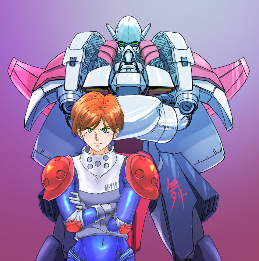 1girl aleste angry armor bb9_megadrive bodysuit compile elbow_pads ellinor_weisen game_console gloves gradient_background green_eyes gunbuster_pose highres japanese_text looking_at_viewer mecha musha_(mecha) musha_aleste pilot_suit red_hair robot science_fiction sega_mega_drive serious short_hair shoulder_armor toaplan