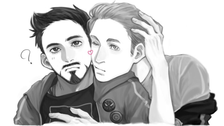 2boys ? animification avengers_(series) badge closed_mouth commentary_request facial_hair fingernails g_wee2 greyscale hand_on_another&#039;s_chest hand_on_another&#039;s_head hand_up head_on_another&#039;s_shoulder heart hood hoodie looking_at_viewer male_focus marvel marvel_cinematic_universe monochrome multiple_boys one_eye_closed open_clothes open_hoodie shirt short_hair simple_background spider-man star_(symbol) star_print steve_rogers t-shirt tony_stark upper_body yaoi