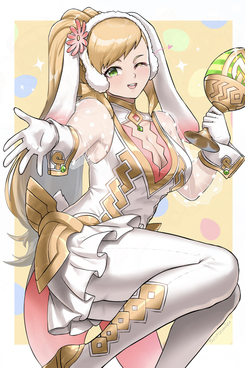 1girl ;d animal_ears ass blonde_hair breasts burnt_green_tea cleavage cleavage_cutout clothing_cutout commentary cup droopy_ears egg english_commentary fake_animal_ears fake_tail feet_out_of_frame female_focus fire_emblem fire_emblem_heroes gem gloves gold_trim green_eyes green_gemstone heart highres hip_armor holding holding_cup knees_together_feet_apart letterboxed looking_at_viewer medium_breasts nintendo official_alternate_costume official_alternate_hairstyle one_eye_closed open_hand open_mouth pants ponytail rabbit_ears rabbit_tail reaching reaching_towards_viewer see-through_clothes see-through_sleeves sharena_(fire_emblem) sharena_(spring_princess)_(fire_emblem) shirt skirt smile solo tail taut_clothes teeth upper_teeth_only white_gloves white_pants white_shirt white_skirt wink wrist_cuffs