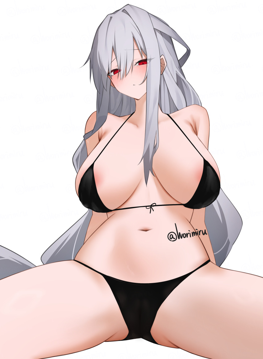 1girl absurdres areola_slip arknights arms_behind_back artist_name bare_shoulders bikini black_bikini black_ribbon blush breasts breasts_apart closed_mouth collarbone commentary_request front-tie_bikini_top front-tie_top grey_hair highres huge_breasts long_hair looking_at_viewer micro_bikini navel red_eyes ribbon simple_background sitting skadi_(arknights) solo spread_legs swimsuit twitter_username very_long_hair white_background worimehl