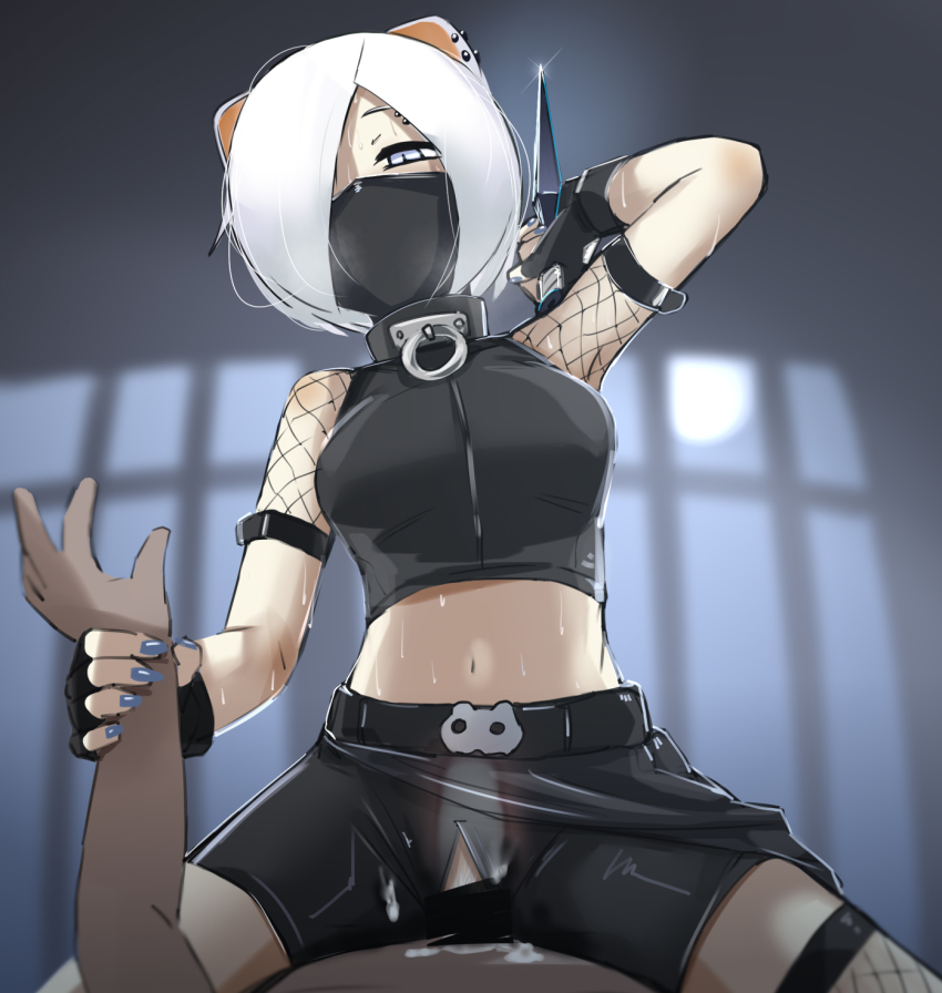 1boy 1girl animal_ears arknights arm_grab assertive_female belt bike_shorts black_belt black_gloves black_mask blue_eyes breasts clothed_sex covered_mouth cowgirl_position crop_top cum cum_in_pussy dagger dark-skinned_male dark_skin ear_piercing eyebrow_piercing female_pubic_hair fingerless_gloves fingernails fishnet_sleeves fishnet_thighhighs fishnets forced_to_creampie from_below girl_on_top gloves hair_over_one_eye half-closed_eyes hetero highres holding holding_another&#039;s_wrist holding_dagger holding_knife holding_weapon imminent_death interracial knife kunai looking_at_viewer mask medium_breasts midriff mouth_mask nail_polish navel ninja one_eye_covered piercing pov prototype_design pubic_hair purple_nails raitaroo scary_sex sex shirayuki_(arknights) short_hair short_sleeves slit_pupils solo_focus straddling sweat thighhighs weapon weasel_ears weasel_girl white_hair x-ray