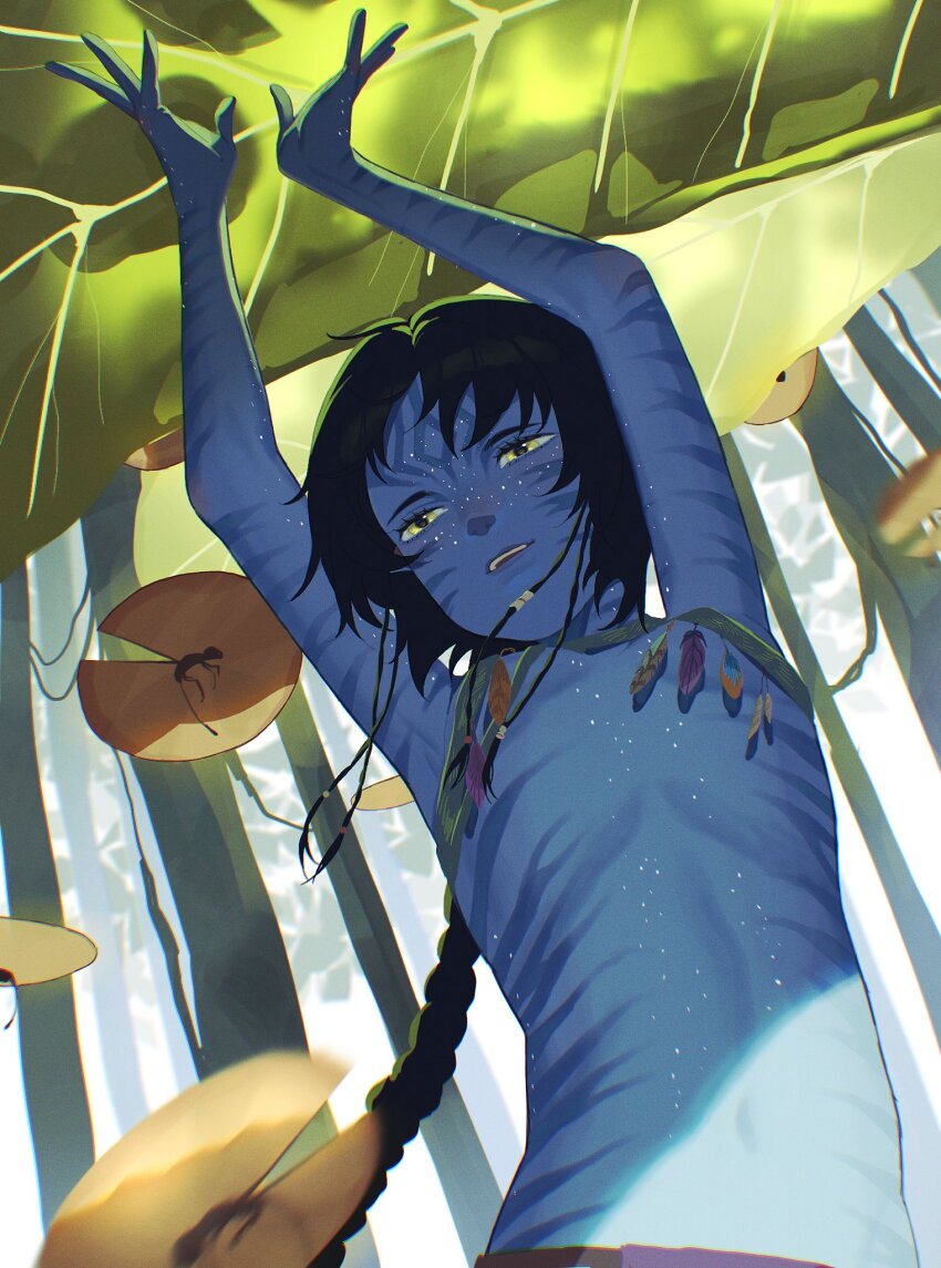 1girl alien armpits avatar:_the_way_of_water avatar_(2009_movie) black_hair blue_skin breasts cat_girl colored_skin commentary cowboy_shot english_commentary from_below highres james_cameron&#039;s_avatar kiri_(avatar) na&#039;vi navel outdoors short_hair_with_long_locks small_breasts solo tall_female teeth tribal u_2764