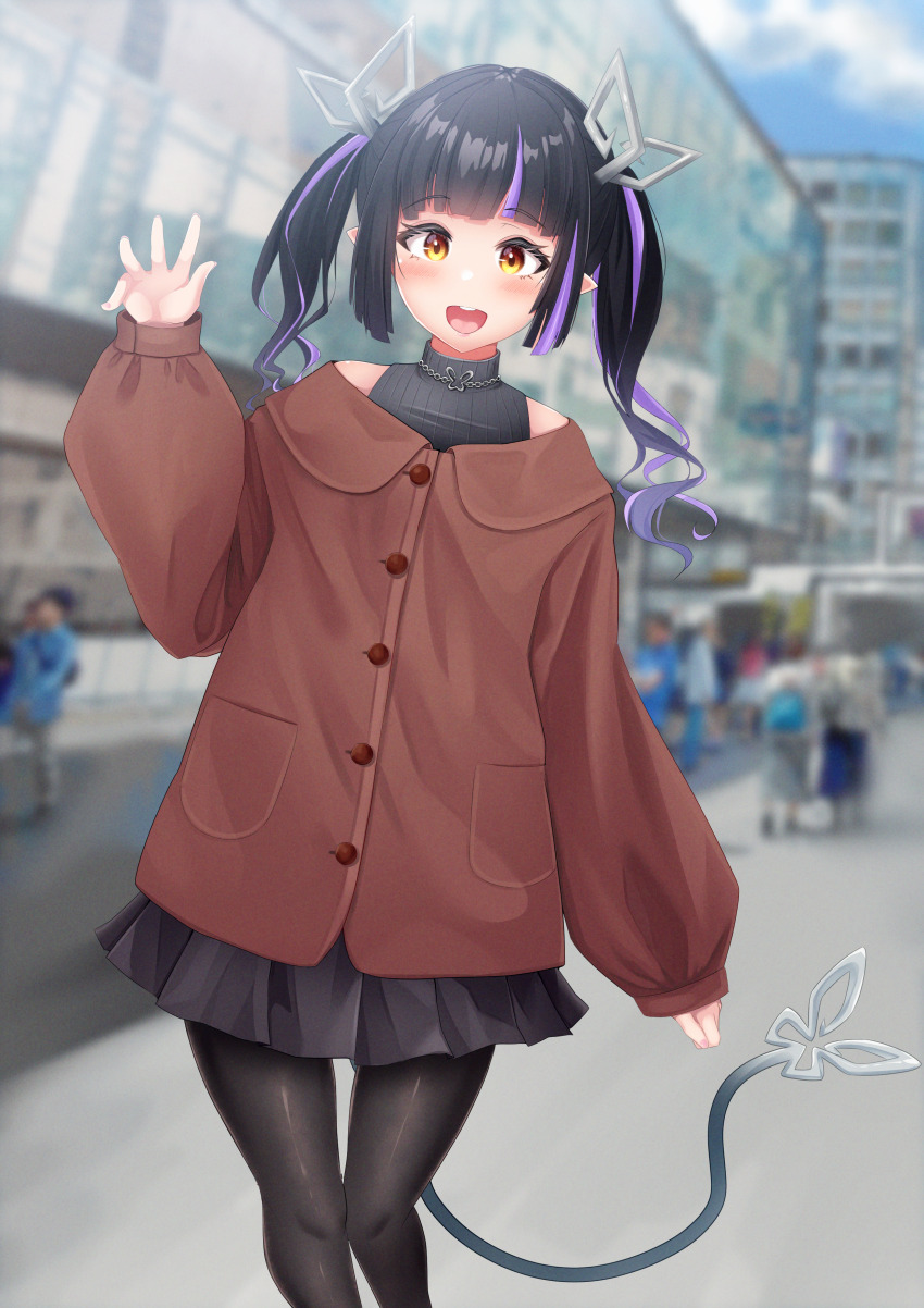 1girl absurdres alternate_costume black_dress black_hair black_pantyhose blunt_bangs blurry blurry_background blush brown_coat buttons coat commentary_request demon_girl demon_horns demon_tail dress feet_out_of_frame highres horns jewelry kojo_anna long_hair long_sleeves looking_at_viewer multicolored_hair nanashi_inc. necklace open_mouth pantyhose people photo_background pocket pointy_ears purple_hair robou_no_stone simple_background sleeveless sleeveless_dress sleeves_past_wrists smile solo_focus tail twintails two-tone_hair virtual_youtuber waving yellow_eyes
