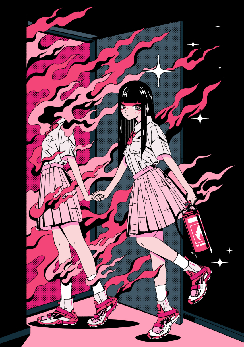 2girls :| arkestar ben-day_dots black_background black_hair blunt_bangs character_request check_character check_copyright closed_mouth commentary copyright_request cross crucifix door doorway english_commentary faceless faceless_female fire glaring hand_grab highres long_hair long_sidelocks looking_at_viewer multicolored_shoes multiple_girls neck_ribbon original pink_ribbon pink_skirt pink_theme pleated_skirt red_eyes red_shoes ribbon school_uniform screentones shirt shoes short_sleeves sidelocks simple_background skirt socks sparkle two-tone_shoes walking white_shirt white_sneakers white_socks