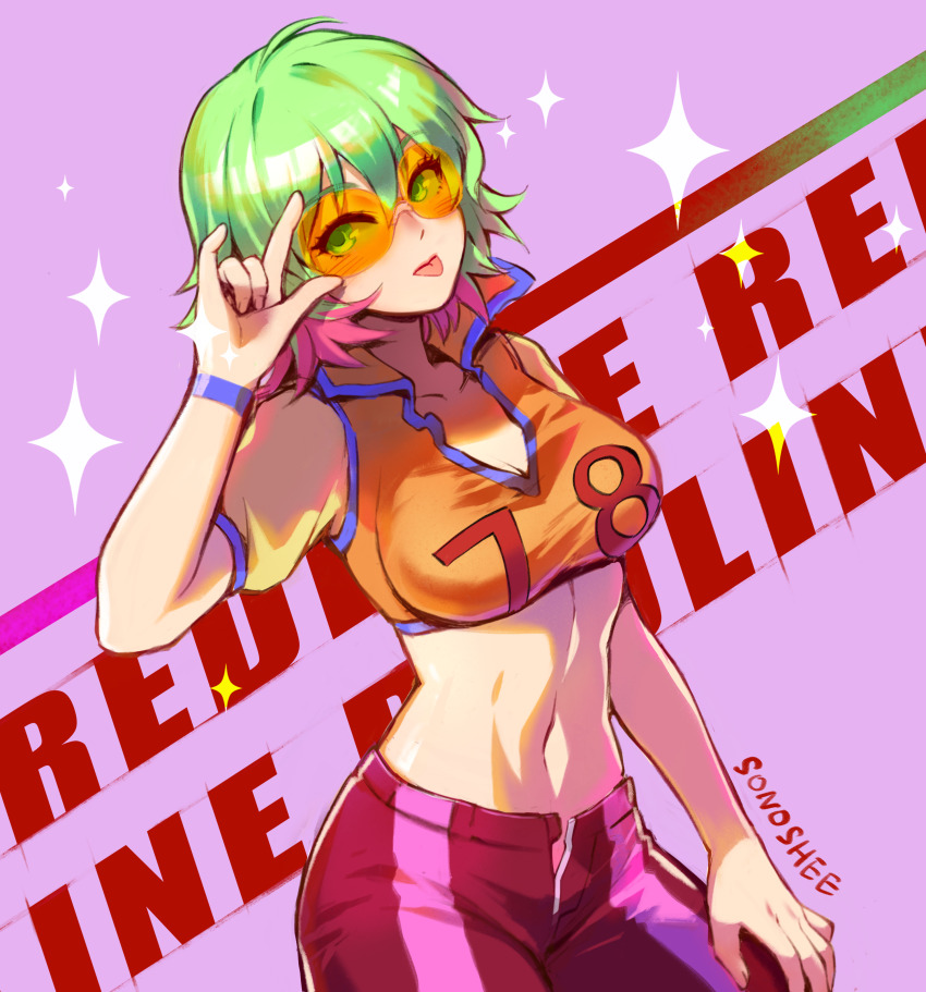1girl absurdres artist_name breasts commentary copyright_name english_commentary green_eyes green_hair highres momori multicolored_hair open_fly orange-tinted_eyewear pink_hair redline short_hair short_sleeves simple_background solo sonoshee_mclaren tinted_eyewear two-tone_hair