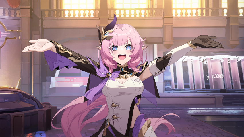 1girl :d black_gloves blue_eyes breasts chinese_commentary cleavage commentary commentary_request elf elysia_(honkai_impact) elysia_(miss_pink_elf)_(honkai_impact) fled gloves hair_ornament highres honkai_(series) honkai_impact_3rd indoors large_breasts long_hair long_sleeves looking_at_viewer open_mouth outstretched_arms pink_hair pink_pupils pointy_ears ponytail single_glove smile solo