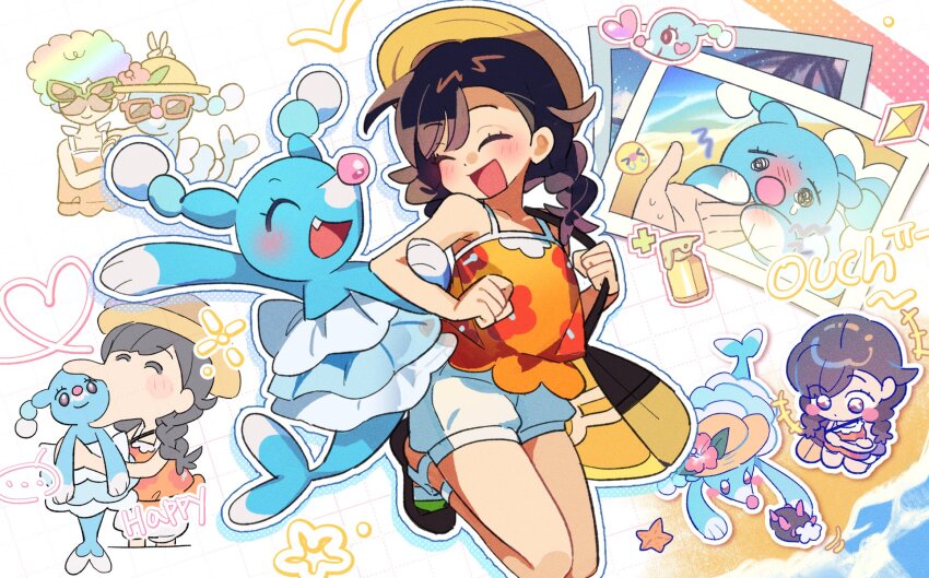+++ 1brad 1girl :o @_@ ^_^ bag black_hair blue_skin blush brionne chibi chibi_inset closed_eyes colored_skin commentary_request dress floral_print gen_7_pokemon grid_background heart highres holding holding_bag korean_commentary multiple_views nintendo orange_dress photo_(object) pokemon pokemon_sm potion_(pokemon) pyukumuku sea_lion selene_(pokemon) short_dress shorts sleeveless sleeveless_dress snout teeth white_background white_shorts z-crystal