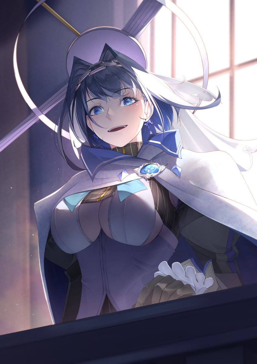 1girl absurdres badge balcony black_gloves black_shirt blue_bow blue_bowtie blue_eyes blue_hair bow bow_earrings bowtie breasts cape chain chain_headband cloak clothing_cutout commentary crop_top detached_sleeves earrings emblem enigmatic_recollection frilled_skirt frilled_sleeves frills gloves hair_intakes halo highres hololive hololive_english jewelry juliet_sleeves kuroshi_yuzuha light_blush long_sleeves looking_at_viewer mechanical_halo miniskirt ouro_kronii ouro_kronii_(1st_costume) pinstripe_pattern pinstripe_shirt puffy_sleeves shirt short_hair skirt smile solo turtleneck underboob underboob_cutout upper_body veil vest virtual_youtuber white_cape white_cloak white_vest zipper