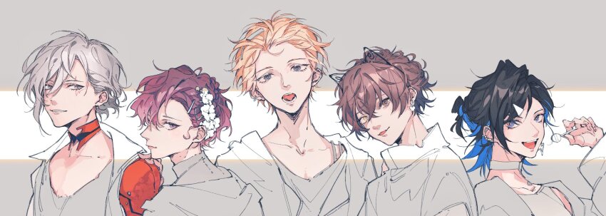 5boys :d alban_knox animal_ears barbell_piercing black_choker black_hair blonde_hair blue_eyes blue_hair brown_eyes brown_hair cat_ears choker closed_mouth collarbone collared_shirt commentary_request crossed_bangs ear_piercing earrings facial_tattoo fake_animal_ears fang flower fulgur_ovid green_eyes grey_eyes grey_hair hair_behind_ear hair_between_eyes hair_flower hair_ornament hairclip half_updo head_tilt heterochromia highres industrial_piercing jacket jewelry jtei lightning_bolt_earrings lightning_bolt_symbol long_sleeves looking_at_viewer looking_back male_focus mole mole_on_neck multicolored_hair multiple_boys nijisanji nijisanji_en noctyx open_clothes open_jacket open_mouth parted_bangs parted_lips piercing purple_eyes purple_hair shirt short_hair skin_fang smile sonny_brisko streaked_hair tattoo teeth two-tone_hair uki_violeta upper_body upper_teeth_only virtual_youtuber white_background white_flower white_jacket white_shirt yugo_asuma