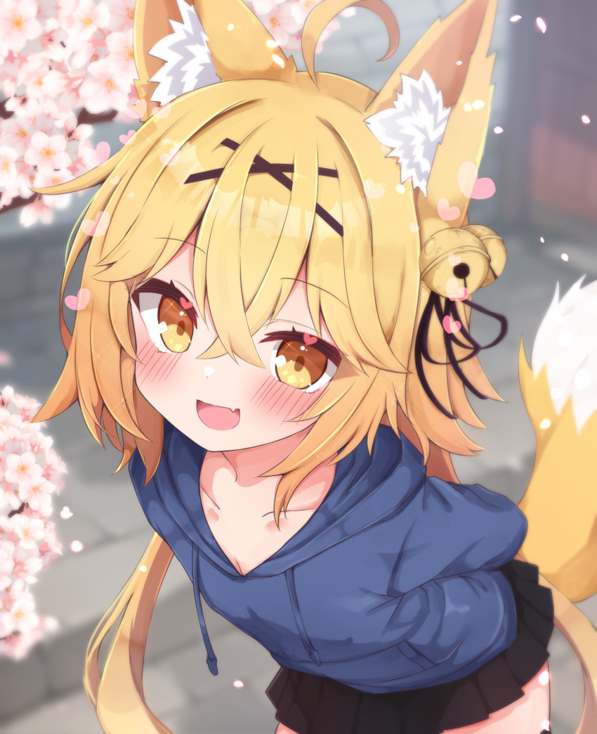 1girl :d animal_ears arms_behind_back bell black_skirt blonde_hair blue_hoodie blurry blurry_background blush cherry_blossoms crossed_bangs drawstring enozuderu falling_petals fang fox_ears fox_girl fox_tail hair_bell hair_between_eyes hair_ornament heart highres hood hoodie jingle_bell leaning_forward open_mouth original outdoors petals pleated_skirt skirt smile solo sparkling_eyes tail webp-to-png_conversion x_hair_ornament yellow_eyes