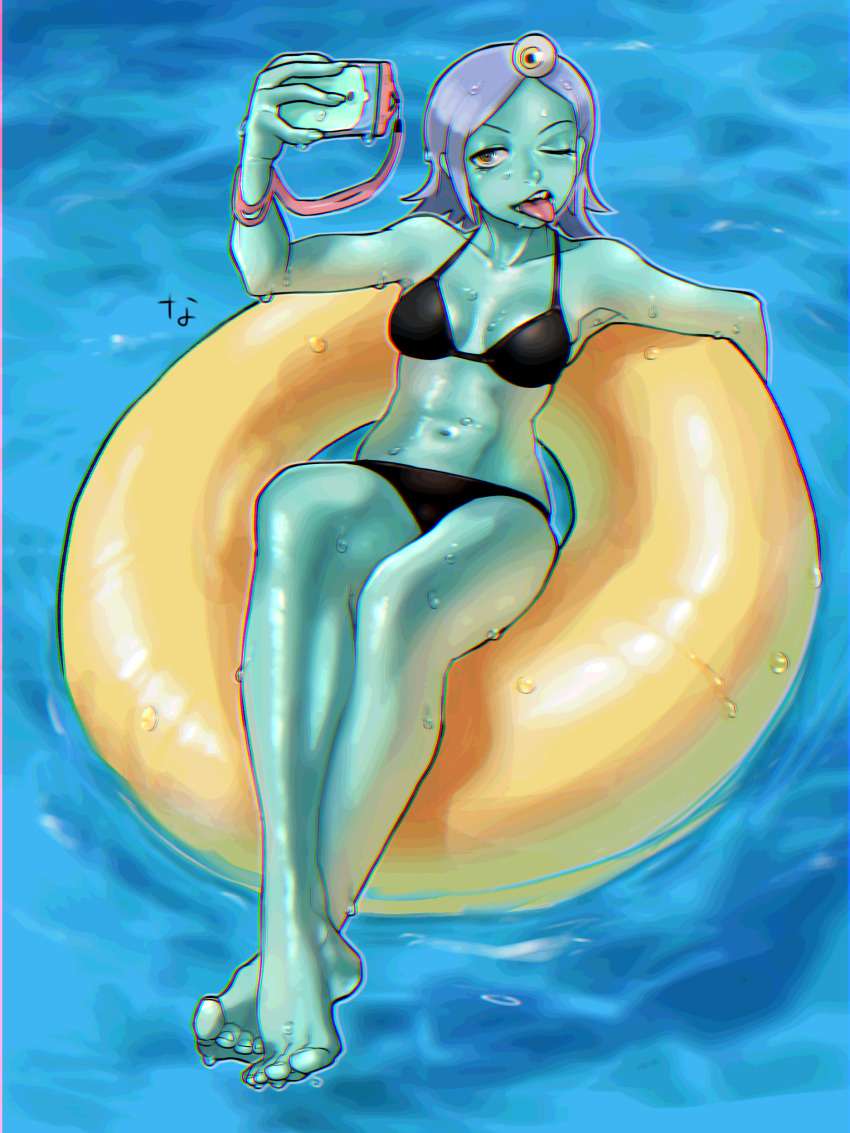 1girl absurdres alien aqua_skin bikini black_bikini chromatic_aberration collarbone colored_skin eyeball heavy_chromatic_aberration highres holding holding_phone in_water innertube midori_(uchuu_patrol_luluco) monster_girl nanja parted_bangs phone purple_hair ringed_eyes sharp_teeth short_hair solo sweat swim_ring swimsuit teeth toes tongue tongue_out uchuu_patrol_luluco