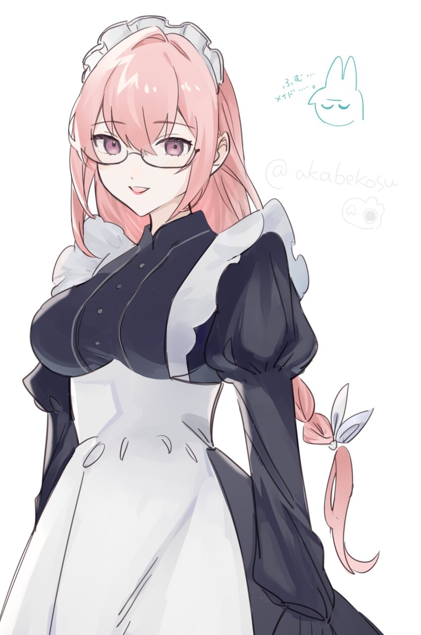 2girls absurdres akabekosu alternate_costume artist_name cowboy_shot glasses highres hoshimi_miyabi long_hair looking_at_another maid multiple_girls open_mouth pink_eyes pink_hair simple_background smile solo_focus translation_request tsukishiro_yanagi white_background zenless_zone_zero