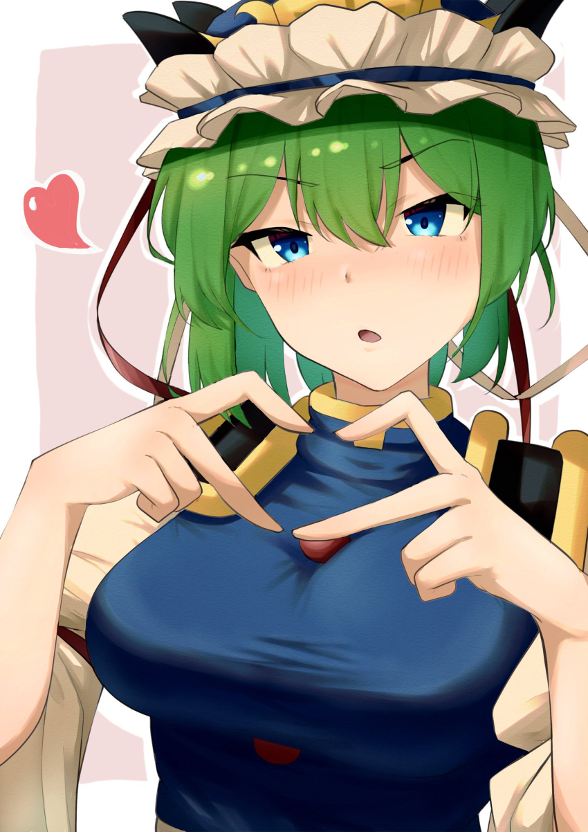 1girl aqua_eyes asymmetrical_hair blue_hat blush breasts commentary epaulettes finger_heart frilled_hat frills green_hair hat heart highres large_breasts looking_at_viewer open_mouth pink_background raian_macaroni shiki_eiki short_hair simple_background solo touhou upper_body