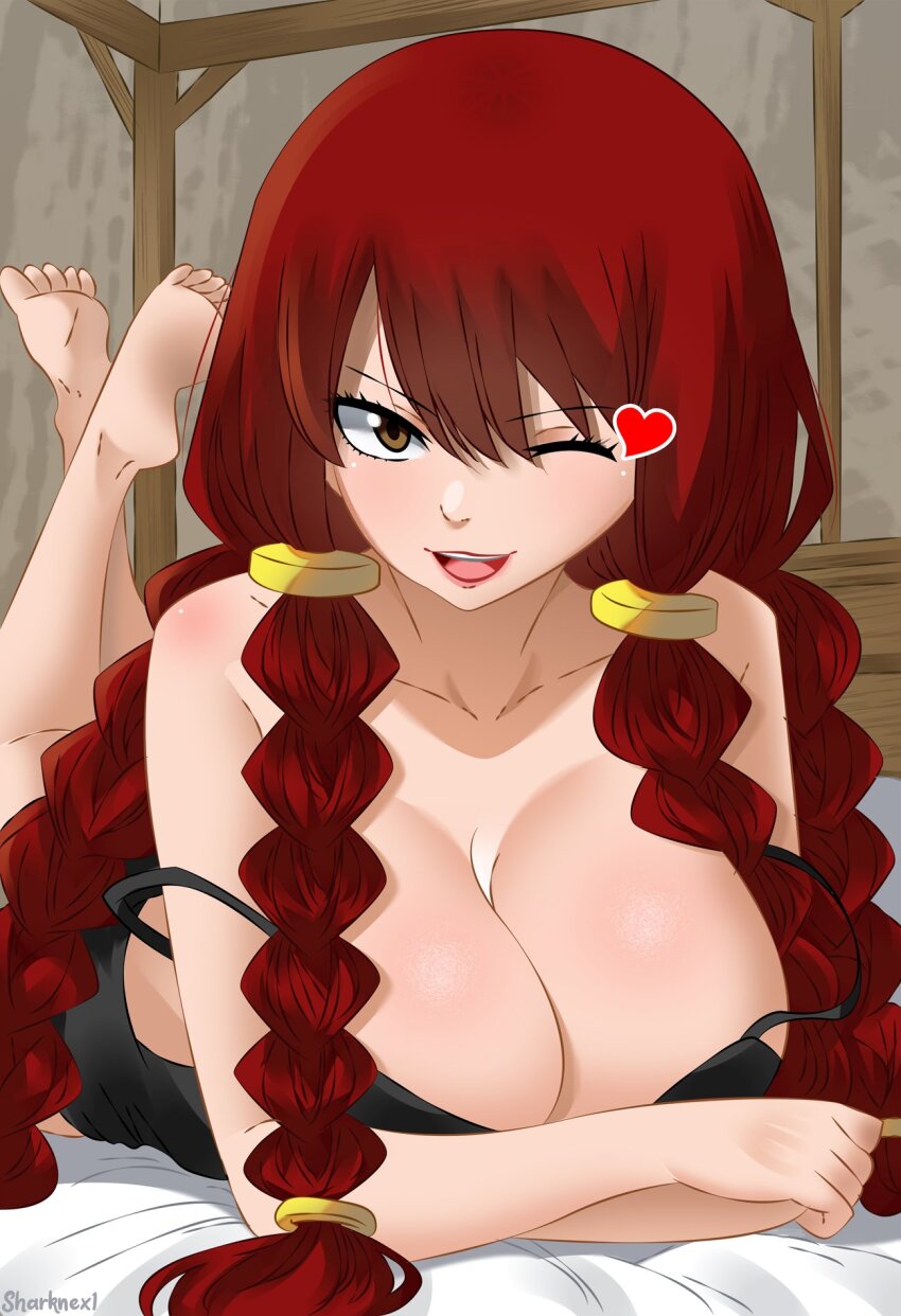 1girl bare_shoulders barefoot bed bed_sheet black_nightgown blush braid breasts brown_eyes cleavage collarbone fairy_tail hair_between_eyes hair_ornament heart highres indoors irene_belserion large_breasts lips long_hair looking_at_viewer lying mature_female multiple_braids nightgown on_stomach one_eye_closed open_mouth quad_braids red_hair sharknex1 smile solo the_pose very_long_hair