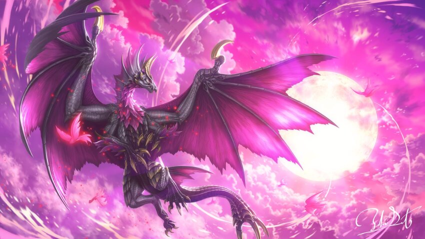bone_tail claws dragon dragon_horns dragon_wings highres horns malzeno_(monster_hunter) monster monster_focus monster_hunter_(series) monster_hunter_rise moon no_humans pink_moon red_eyes satoyuki scales spiked_wings tail teeth western_dragon wings