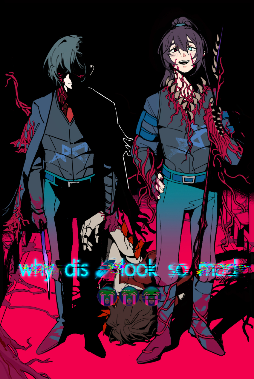 3boys baihuahua5441 belt black_background black_eyes black_hair blood blood_on_face blue_eyes boots brown_hair crying_emoji dimension_shredder_(e.g.o) e.g.o_(project_moon) emoji extra_teeth flesh glaive_(polearm) hair_tie hand_on_own_hip heathcliff_(project_moon) heterochromia high_ponytail highres holding holding_another&#039;s_wrist holding_knife holding_weapon hong_lu_(project_moon) jacket jacket_on_shoulders knife limbus_company long_hair looking_at_viewer lying mechanical_arms meme multicrack_office_(identity)_(project_moon) multiple_boys necktie on_side pants polearm ponytail project_moon purple_hair red_necktie short_hair smile standing teeth upper_teeth_only vest weapon why_dis_ninja_look_so_mad_(meme) yi_sang_(project_moon)