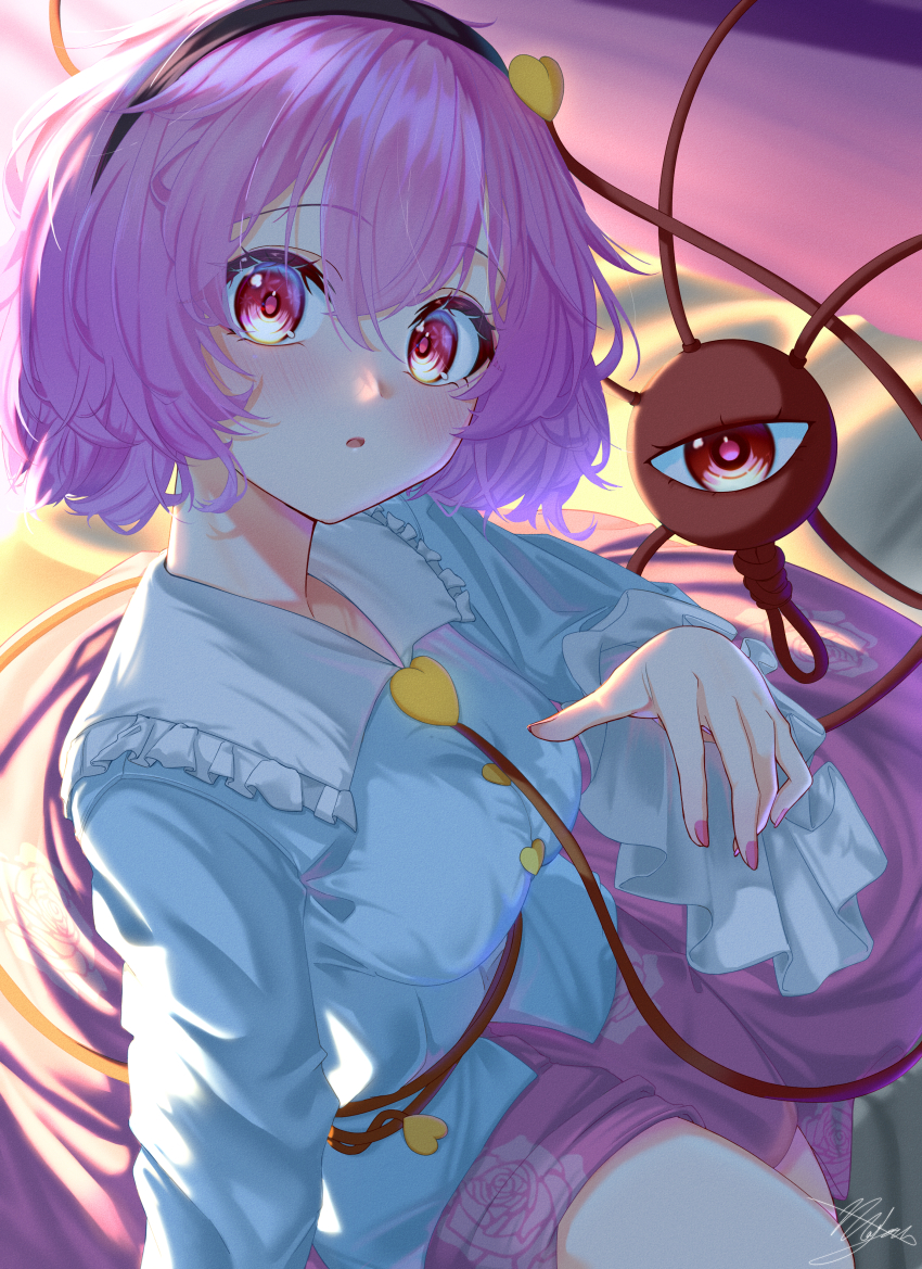 1girl absurdres arm_at_side backlighting blouse blue_shirt blush buttons commentary_request double-parted_bangs eyeball frilled_shirt_collar frills hair_between_eyes hair_ornament hairband head_tilt heart heart_button heart_hair_ornament highres komeiji_satori long_sleeves looking_at_viewer mayou940114 medium_hair nail_polish parted_lips pink_eyes pink_hair pink_nails pink_skirt purple_hair shirt short_hair skirt solo third_eye touhou wide-eyed wide_sleeves