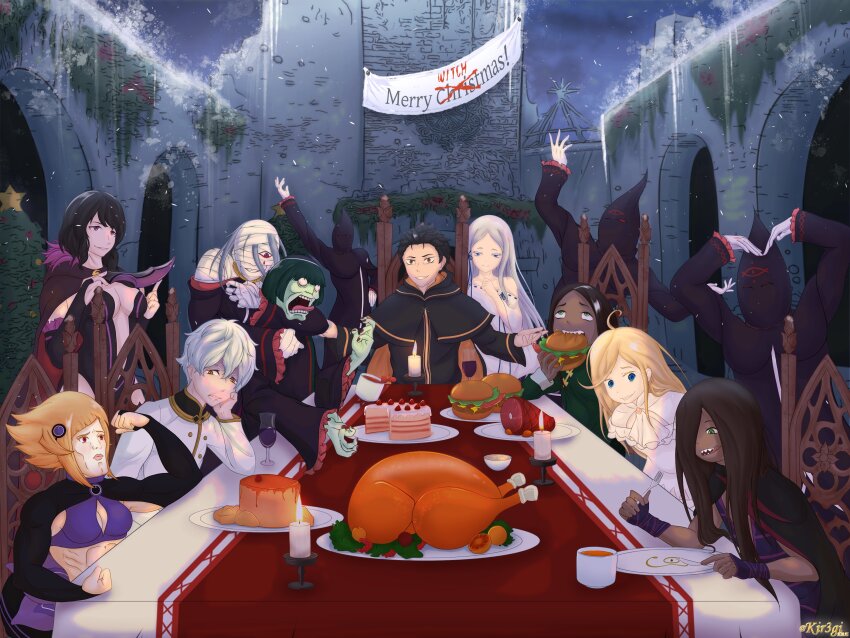 absurdres bandages black_hair blonde_hair blue_eyes breasts brown_eyes brown_hair capella_emerada_lugnica christmas christmas_tree cleavage colored_skin dining_room dinner eating elsa_granhilte food green_eyes green_hair green_skin highres kir3gi ley_battenkaitos louis_arneb multiple_boys multiple_girls natsuki_subaru pandora_(re:zero) petelgeuse_romaneeconti purple_eyes re:zero_kara_hajimeru_isekai_seikatsu red_eyes regulus_corneas roy_alphard sirius_(re:zero) snow snowing strangling table turkey_(food) white_hair winter witch yellow_eyes