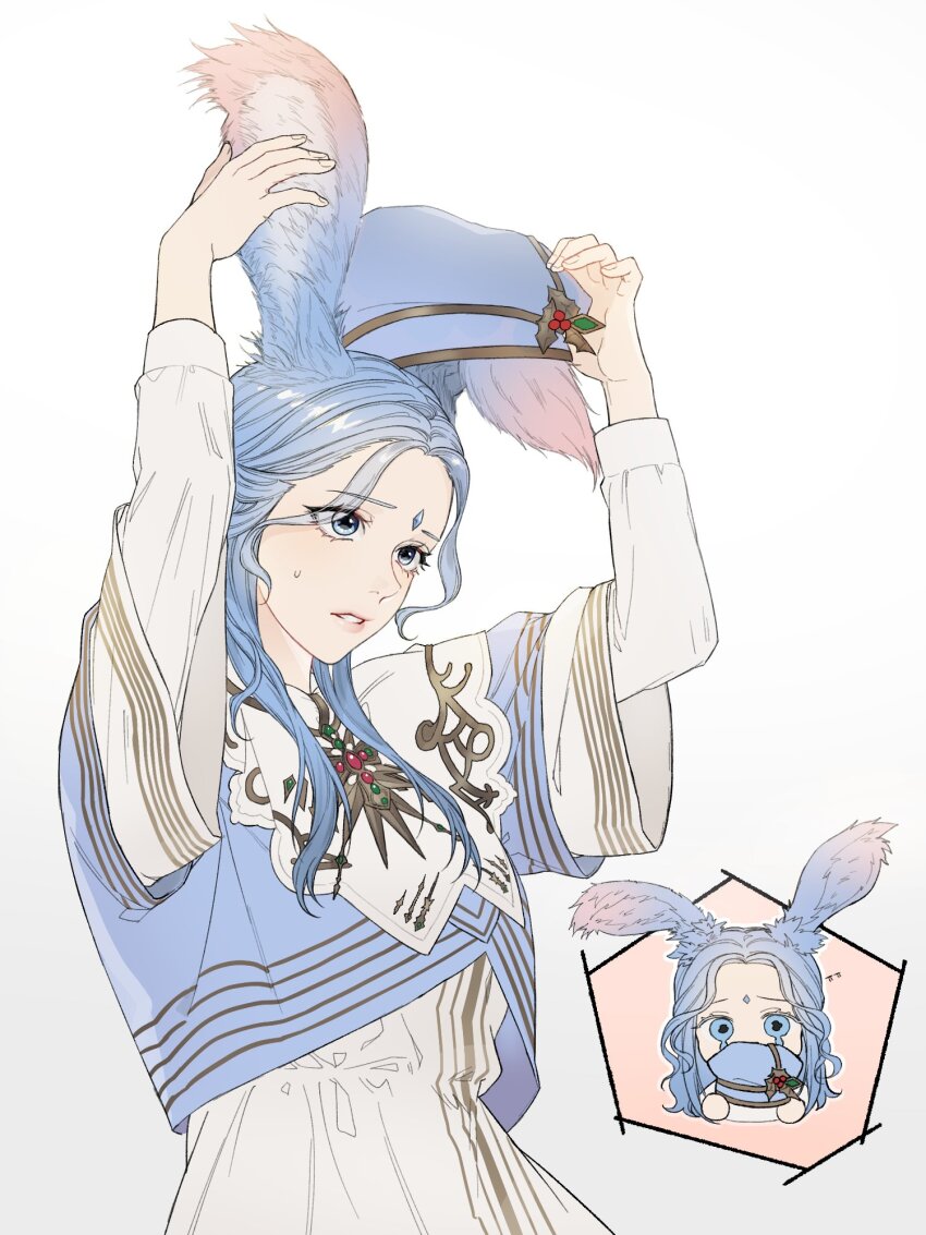 1girl animal_ears blue_eyes blue_hair blue_hat commentary_request eyelashes facial_mark final_fantasy final_fantasy_xiv forehead_mark hat highres kimell_bread korean_commentary looking_ahead multiple_views pink_lips rabbit_ears simple_background standing sweatdrop viera warrior_of_light_(ff14) white_background