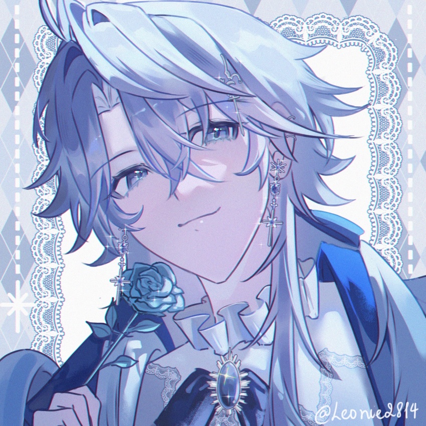 1boy alternate_costume blue_flower blue_rose closed_mouth cross cross_earrings earrings flower grey_hair hair_between_eyes half-closed_eyes highres holding holding_flower honkai:_star_rail honkai_(series) jewelry leonie28 male_focus parted_bangs phainon_(honkai:_star_rail) rose smile solo twitter_username upper_body