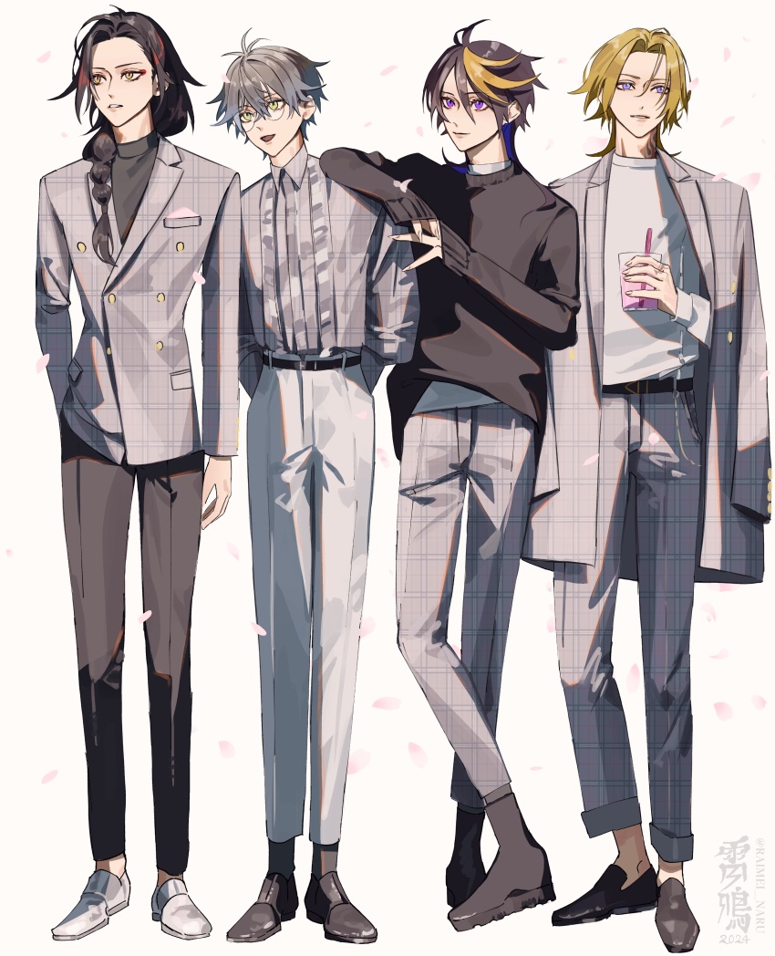 4boys absurdres alternate_costume arm_out_of_sleeve belt black_boots black_hair black_pants black_shoes black_sweater blonde_hair blue_hair boots braid closed_mouth collared_shirt colored_inner_hair drink eyeshadow falling_petals fashion formal_clothes frown full_body glasses green_eyes grey_hair grey_shirt grey_socks hands_in_pockets highres ike_eveland jacket long_sleeves looking_at_another looking_to_the_side luca_kaneshiro luxiem makeup male_focus multicolored_hair multiple_boys neck_tattoo nijisanji nijisanji_en open_mouth pants parted_lips petals pink_petals plaid_clothes plaid_jacket plaid_pants purple_eyes purple_hair purple_sleeves raimei_naru red_eyeshadow red_hair round_eyewear shirt shoes shu_yamino simple_background single_braid sleeves_past_wrists socks streaked_hair suit suspenders sweater tattoo twitter_username two-tone_hair virtual_youtuber vox_akuma white_background white_pants white_shirt white_shoes yellow_eyes