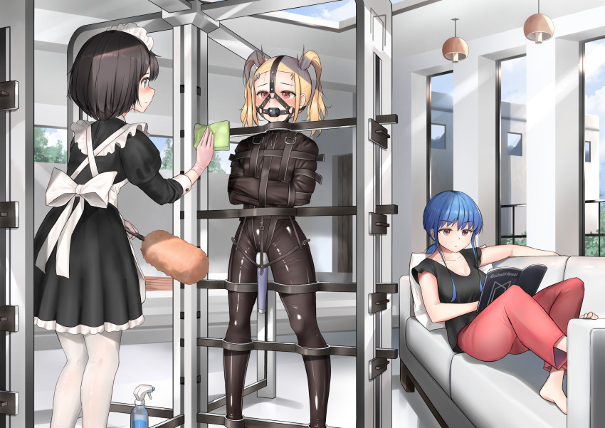 3girls ball_gag bdsm blonde_hair blue_hair cleaning commission couch epicary_radz forced_orgasm gag gag_harness gloves highres hitachi_magic_wand indoors maid maid_headdress multiple_girls original pixiv_commission reading saliva sex_toy spread_legs standing straitjacket sweat vibrator