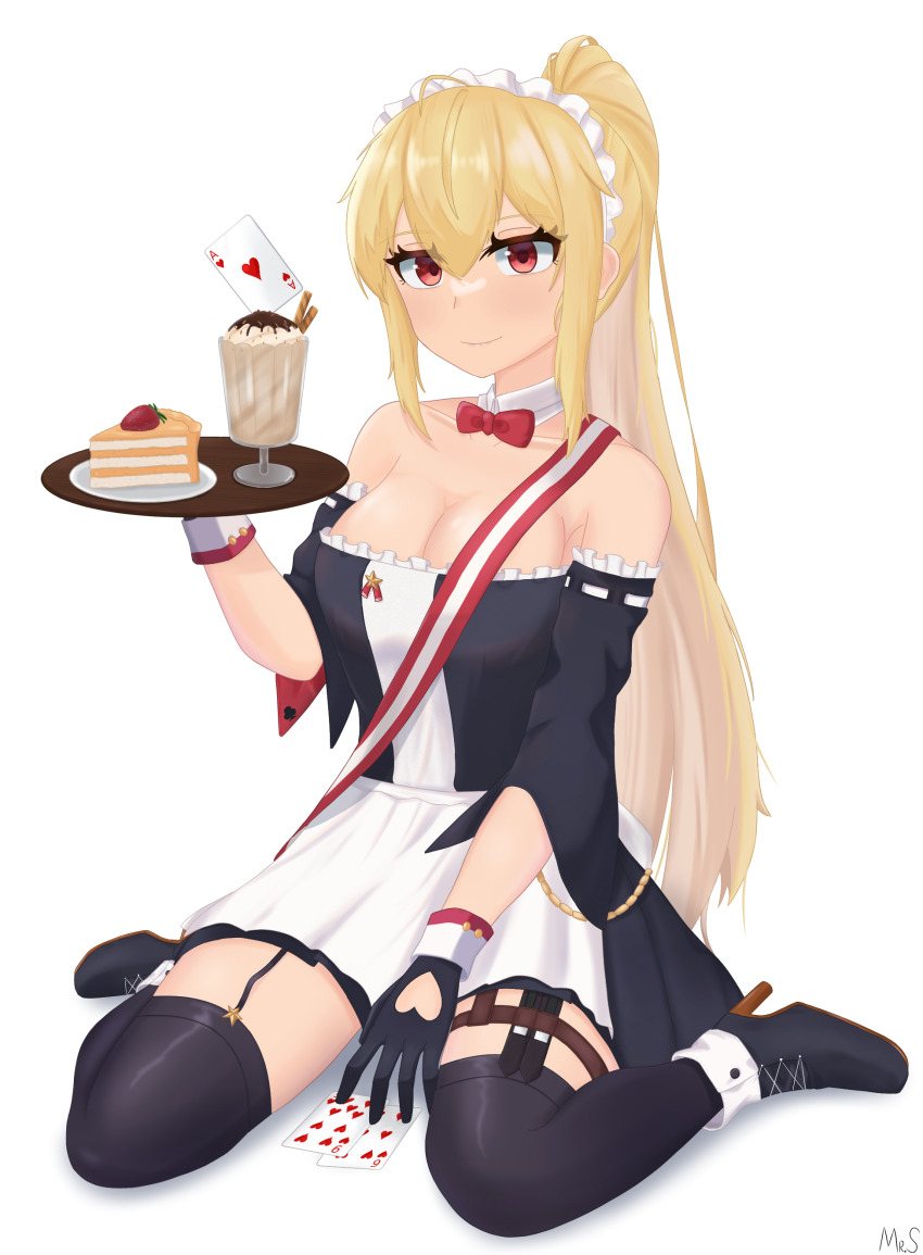 1girl absurdres blonde_hair cake cake_slice card food girls&#039;_frontline highres ice_cream long_hair looking_at_viewer mr.something on_floor red_eyes smile solo sv-98_(girls&#039;_frontline) sv-98_(waitress)_(girls&#039;_frontline) waitress