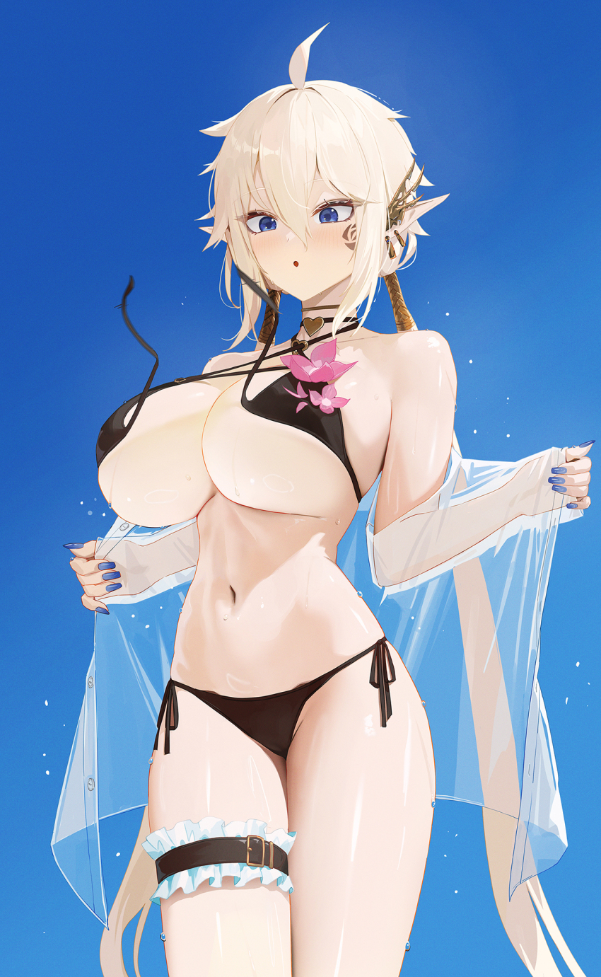 1girl ahoge belt belt_buckle bikini black_bikini blue_eyes blue_sky blush breasts buckle character_request commission cowboy_shot criss-cross_halter day dungeon_and_fighter ear_ornament earrings facial_tattoo fieryonion flower frilled_thigh_strap front-tie_bikini_top front-tie_top hair_between_eyes hair_tubes halterneck heart heart_necklace highres huge_breasts jewelry light_blush low_twintails micro_bikini navel necklace off_shoulder pink_flower pointy_ears see-through_clothes see-through_shirt shirt side-tie_bikini_bottom sidelocks sky solo standing stomach string_bikini swimsuit tattoo thigh_belt thigh_strap twintails untied_bikini untied_bikini_top wardrobe_malfunction white_hair