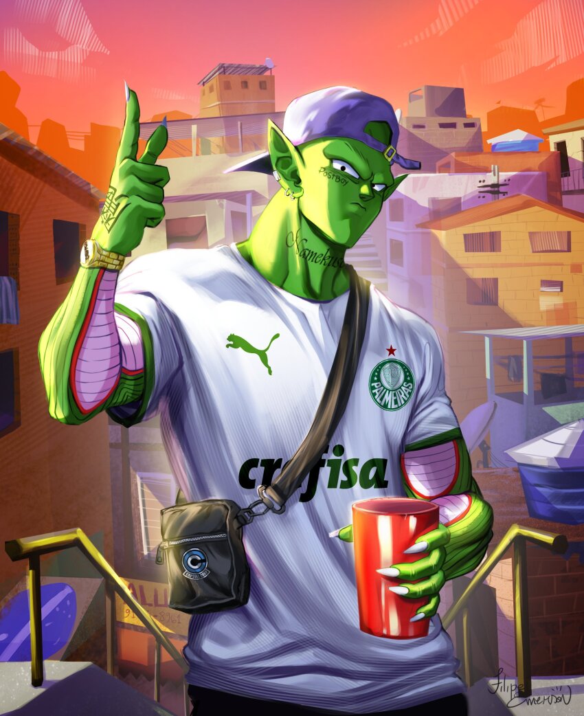 1boy alternate_costume brazil brazilian_flag colored_skin dragon_ball filipeemerson3 handrail highres holding male_focus piccolo puma_(brand) scenery se_palmeiras slums soccer_uniform solo sportswear standing tattoo window