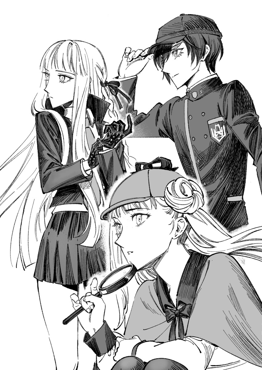 1boy 2girls absurdres black_bow black_gloves black_hair black_skirt bow braid braided_ponytail closed_mouth creator_connection crossover crouching danganronpa:_trigger_happy_havoc danganronpa_(series) danganronpa_v3:_killing_harmony deerstalker eyelashes fingernails gloves greyscale hat highres kirigiri_kyoko long_hair long_sleeves magnifying_glass monochrome multiple_girls neck_ribbon necktie open_mouth pleated_skirt ribbon saihara_shuichi simple_background skirt standing the_hundred_line_-last_defense_academy- tsukumo_kako twintails white_background